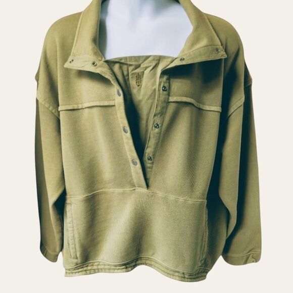 FREE PEOPLE Oversized STASH IT Olive Green Front Snap Sweatshirt Size Large - Picture 8 of 16